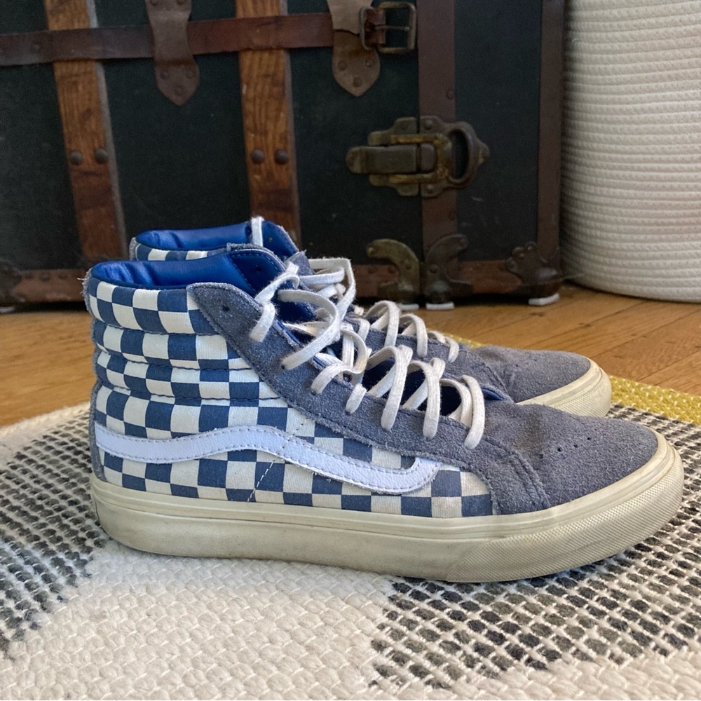 Vans Checkerboard High Top Sneakers in Blue and White